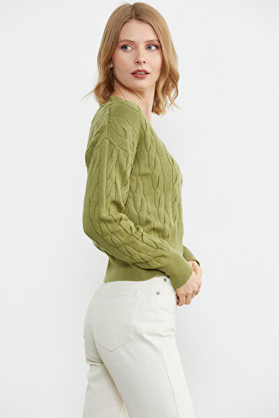 Sementa V-Neck Buttoned Hair Braided Knitwear Cardigan - Pistachio Green