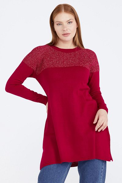 Sementa Crew Neck Glitter Knitwear Women's Tunic - Red