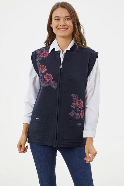 Sementa Zippered Floral Motif Knitwear Vest - Navy Blue