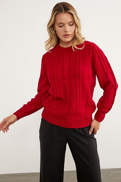 Sementa Hair Knitted Crew Neck Sweater - Red