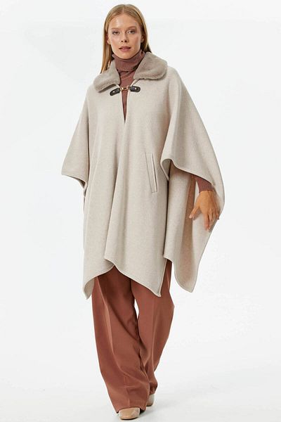 Sementa Women's Faux Fur Detailed Knitwear Poncho - Beige