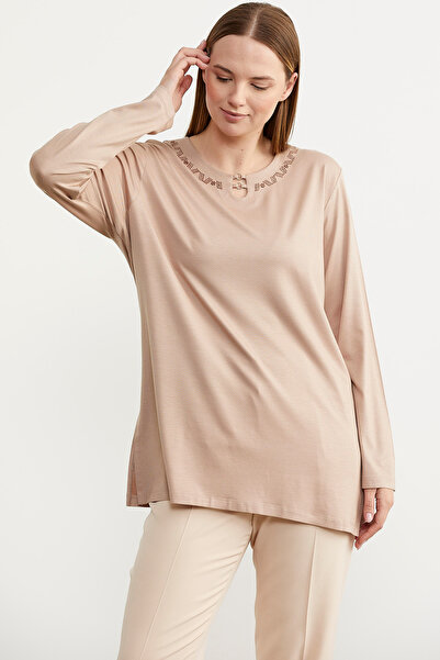 Sementa Μακρυμάνικο χτενισμένο βαμβακερό μπλουζάκι με κέντημα γιακά - Μπεζ