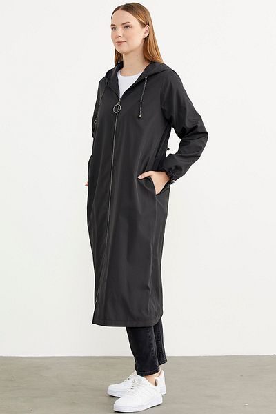 Sementa Μακρύ παλτό με φερμουάρ με κουκούλα Plus Size - Μαύρο