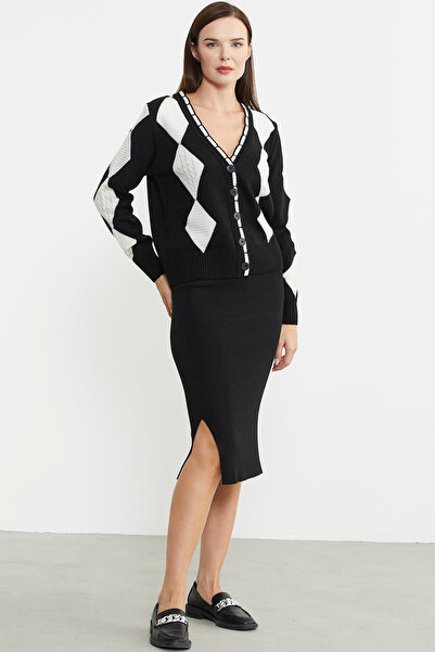 Sementa Baklava Desenli Çift Renk Yünlü Triko  Hırka - Siyah