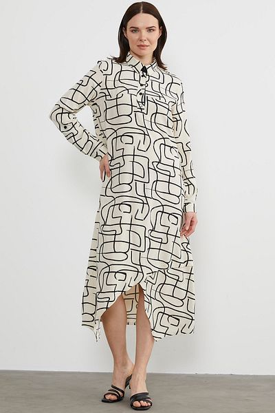 Sementa Geometric Patterned Shirt Collar Dress - Ecru