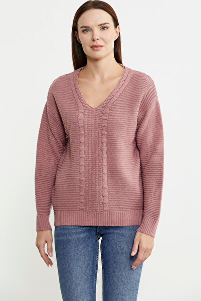 Sementa Motif Detaylı V Yaka Yünlü Triko Kazak - Gül