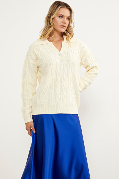 Sementa Polo Collar Patterned Knitwear Sweater - Bone