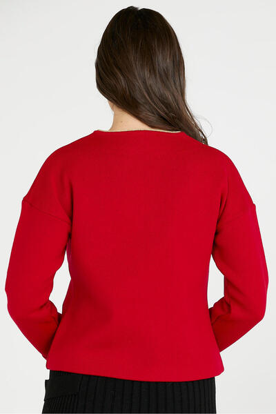 Sementa Glitter Detailed Short Knitwear Jacket - Red - Black