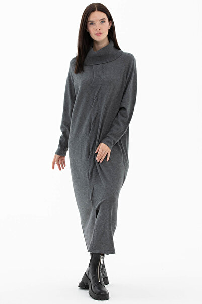 Sementa Degaje Yaka Önü Saç Örgülü Triko Elbise - Koyu Gri