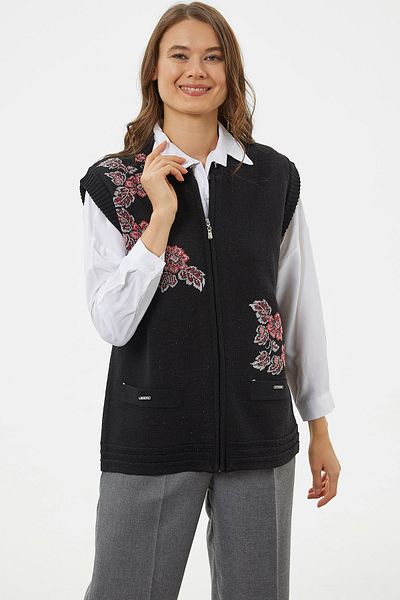 Sementa Zippered Floral Motif Knitwear Vest - Black