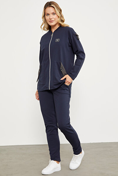 Sementa Glitter Fabric Combination Zippered Suit - Navy Blue