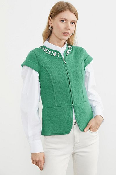 Sementa Stone Detailed Short Sleeve Knitwear Jacket - Green