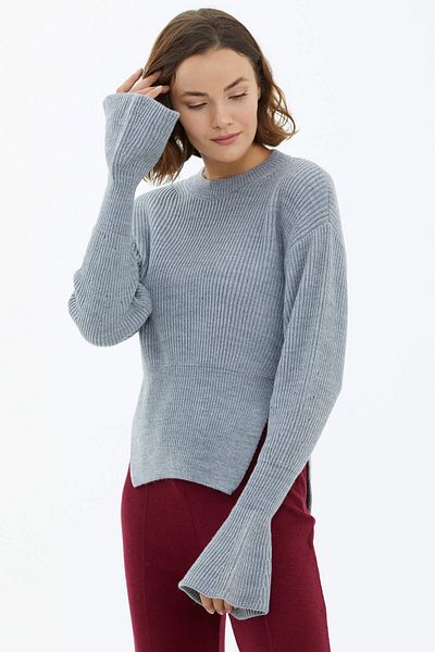 Sementa Crew Neck Slit Spanish Sleeve Knitwear Sweater - Gray