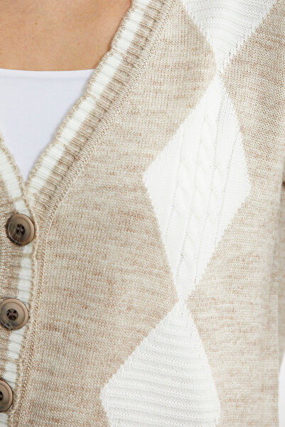 Sementa Beige Diamond Patterned Double Color Wool Knitwear Cardigan