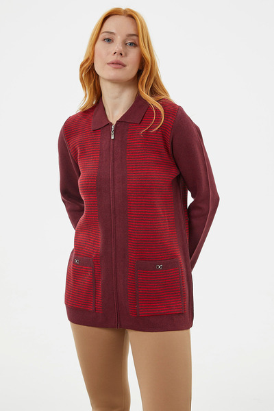 Sementa Thick Zippered Pocket Detailed Knitwear Cardigan - Claret Red