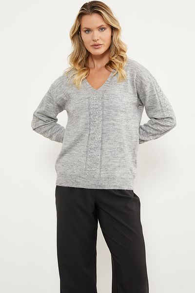 Sementa Pulover tricotat cu decolteu în V cu detaliu tricot de păr - gri