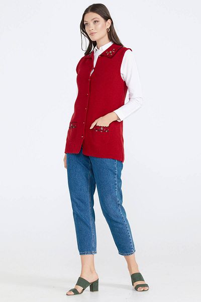Sementa Women's Buttoned Knitwear Vest with Pockets - Red