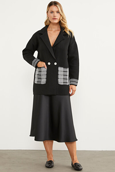 Sementa Plaid Detailed Double Breasted Knitwear Jacket - Black