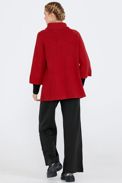 Sementa Women's Knitwear Jacket with Buckle Detail and Zipper - Red - Black