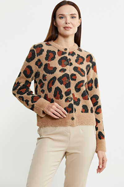 Sementa Beige Leopard Patterned Bearded Knitwear Cardigan