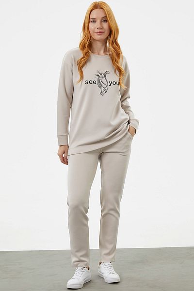 Sementa Σετ αθλητική φόρμα με στάμπα Crew Neck Oversize - Μπεζ