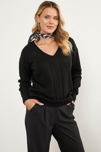 Sementa Pulover tricotat cu decolteu în V cu detaliu tricot de păr - negru