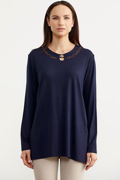 Sementa Tricou din bumbac pieptănat cu mânecă lungă cu guler brodat - bleumarin