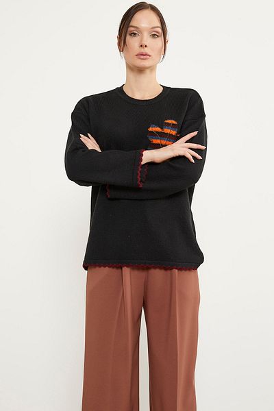 Sementa Pulover Bohemian Tricotaj cu Motiv Frunze - Negru