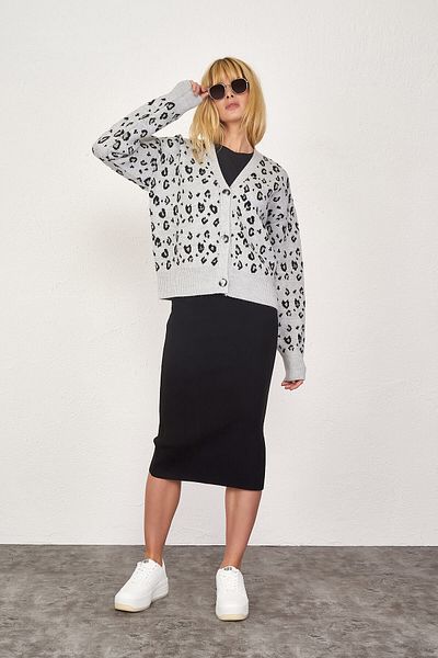 Sementa Women's Leopard Patterned Knitwear Cardigan - Gray - Black