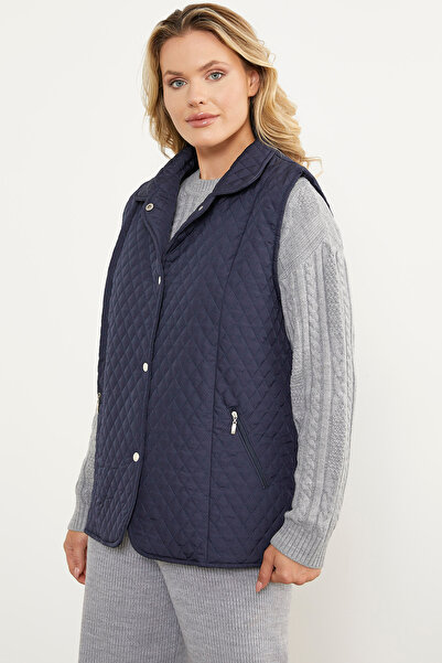 Sementa Quilted Vest with Snap Fastener Zipper Pocket - Navy Blue