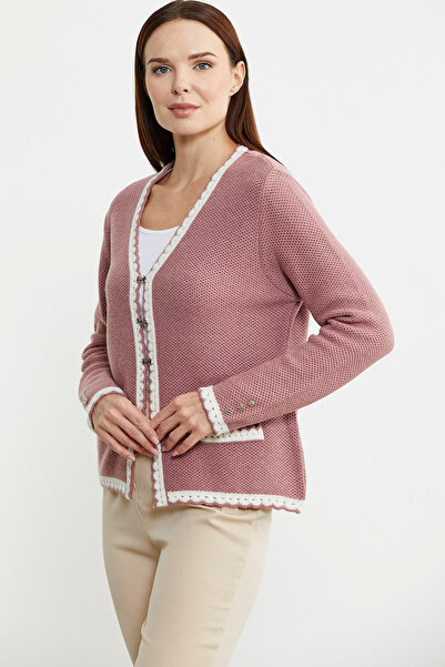 Sementa Short Wool Knitted Cardigan with Slit Collar Detail - Rose