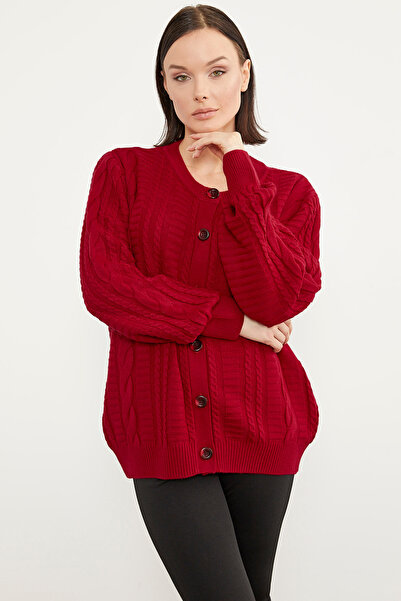 Sementa Sıfır Yaka Düğmeli Triko Hırka - Kırmızı