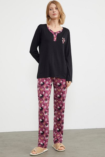 Sementa Set pijama cu model cu guler deschis - negru