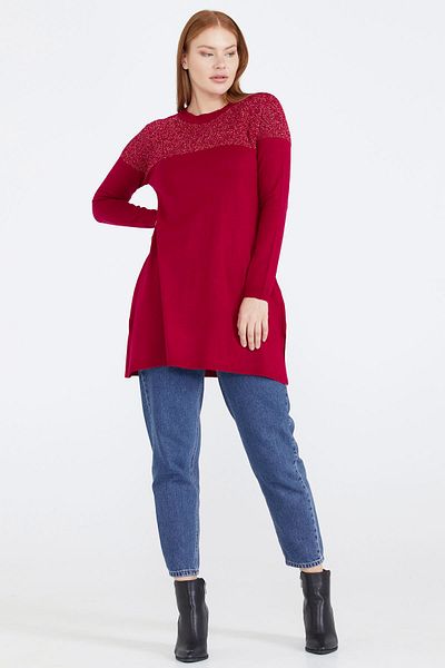Sementa Crew Neck Glitter Knitwear Women's Tunic - Red