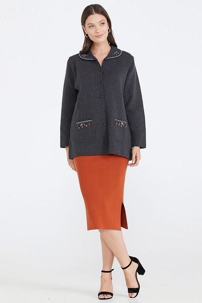Sementa Women's Polo Collar Pocket Embroidered Knitwear Jacket - Anthracite