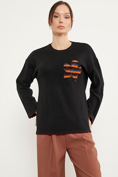 Sementa Pulover Bohemian Tricotaj cu Motiv Frunze - Negru