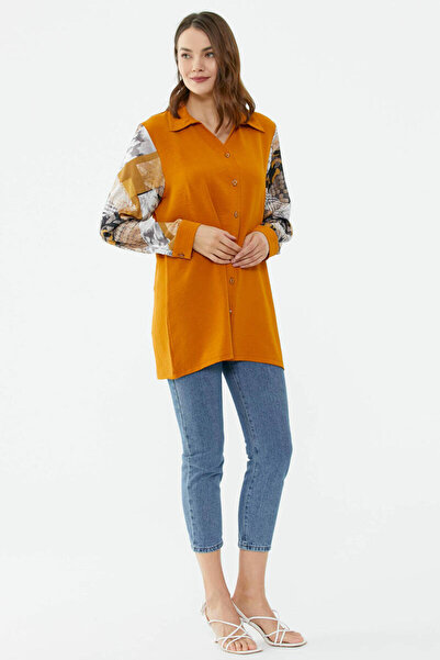 Sementa Büyük Beden Kolları Desenli Uzun Gömlek - Tarçın
