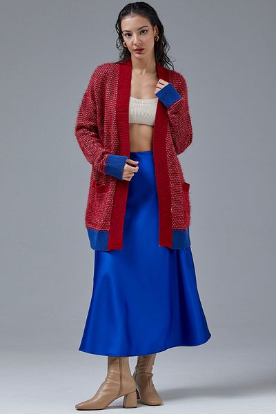 Sementa V-Neck Pocket Knitted Cardigan - Saks - Red