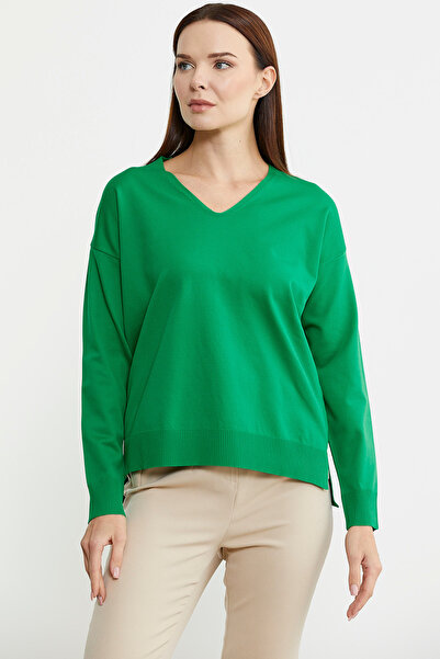 Sementa Green V-Neck Knitwear Sweater - Flowy
