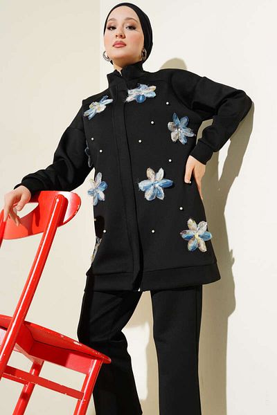 VOLT CLOTHİNG Women's Tulle Floral Zippered Scuba Double Suit