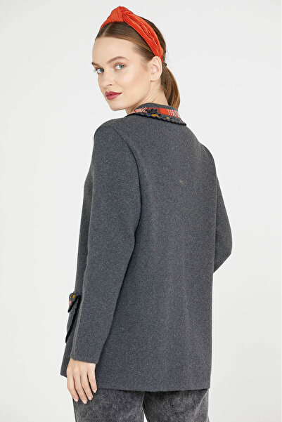 Sementa Baby Collar Embroidered Women's Knitwear Jacket - Dark Gray