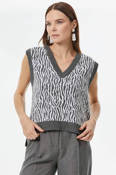 Sementa V-Neck Patterned Knitwear Sweater - Gray