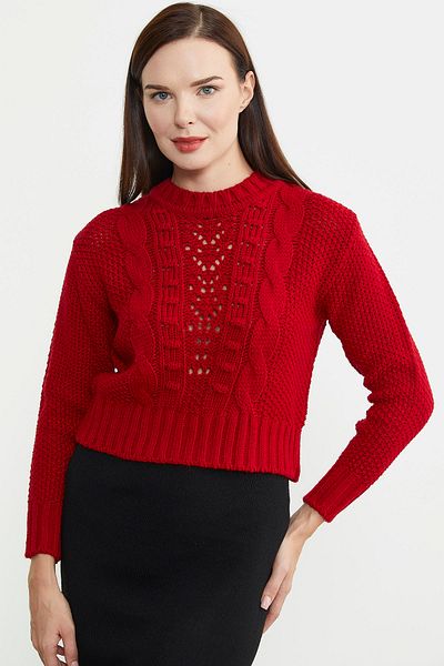 Sementa Pulover Tricotat Lână Crop Roșu - Motiv Tricotat Păr