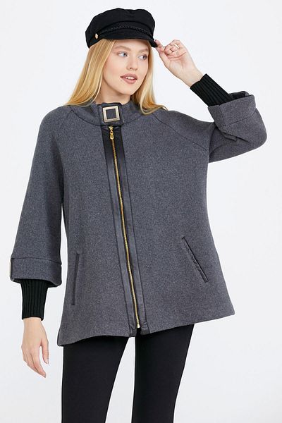 Sementa Women's Knitwear Jacket with Buckle Detail and Zipper - Dark Gray - Black