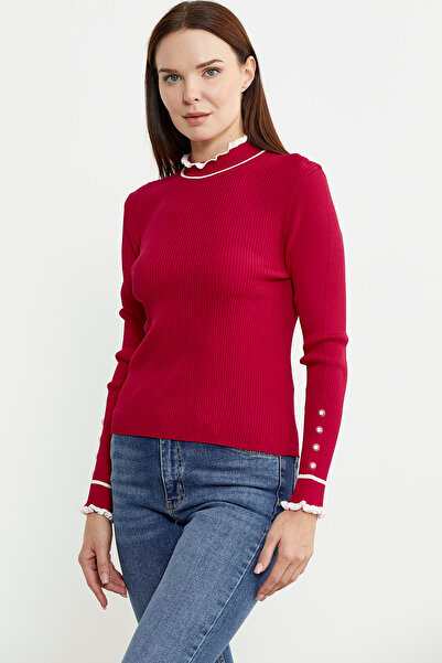 Sementa Red Knitwear Sweater with Stand Collar and Button Detail