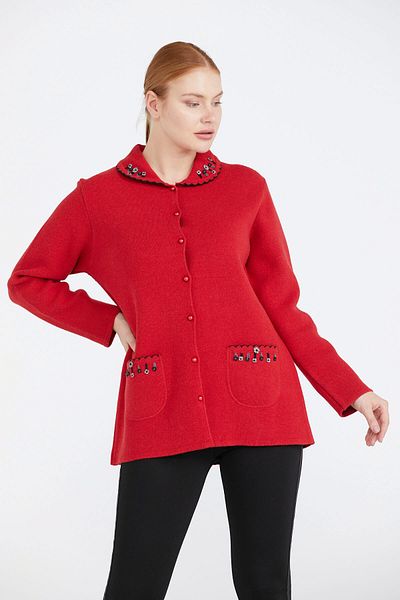 Sementa Women's Polo Collar Pocket Embroidered Knitwear Jacket - Red