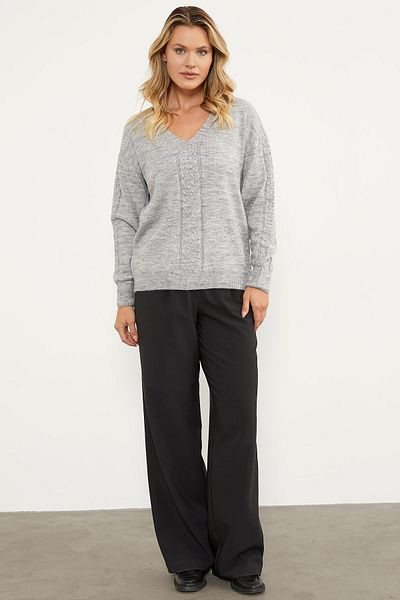 Sementa Pulover tricotat cu decolteu în V cu detaliu tricot de păr - gri