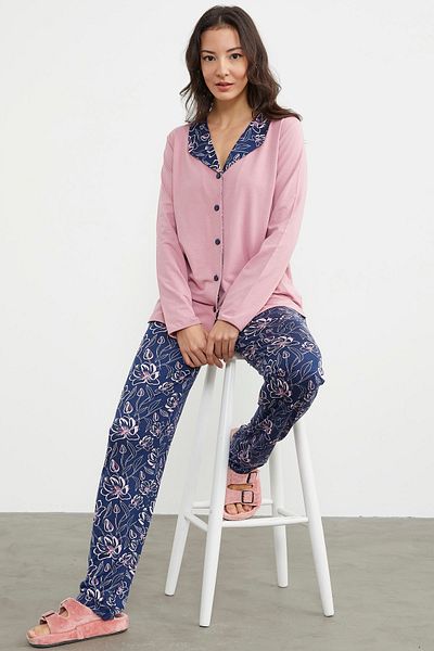 Sementa Set pijama cu nasturi cu guler deschis - roz