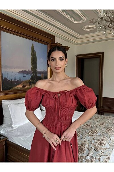 Femistik Women's Square Neck Gimped Raw Linen Midi Dress