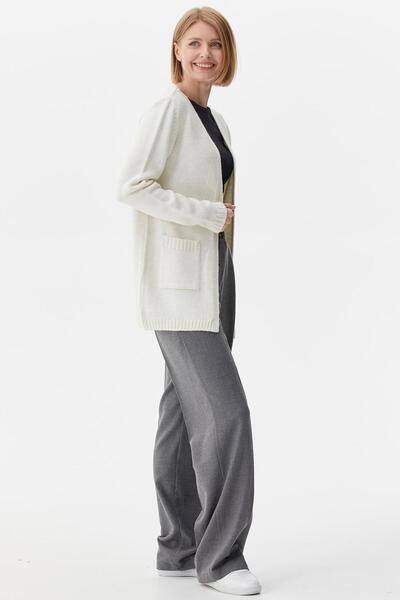 Sementa V Yaka Cepli Kadın Triko Ceket - Kemik